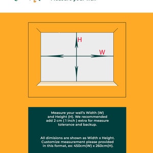 Puede incluir: Diagrama que muestra c&oacute;mo medir una pared para un mural o papel tapiz. El diagrama muestra el ancho y la altura de la pared, con flechas que apuntan a las medidas. El texto debajo del diagrama dice "Mida el ancho (A) y la altura (H) de su pared. Recomendamos agregar 2 cm (1 pulgada) adicionales para la tolerancia de medici&oacute;n y el margen de seguridad. Todas las dimensiones se muestran como Ancho x Alto. Personalice la medici&oacute;n proporcionada en este formato, por ejemplo: 450 cm (A) x 260 cm (H)."