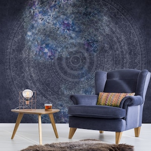 Murale mandala blu scuro, carta da parati Boho, arte murale con motivi etnici, carta da parati floreale brillante scura, rivestimento murale mandala indiano Boho