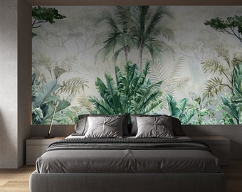 Tropical Wall Mural, Palm Leaves Wallpaper, Tropical Leaves, Green Wall Mural Wallpaper