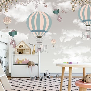 Hot Air Balloons vinyl Wallpaper, Hot air balloon wall Mural, pink Balloon and and little elephants Wallpaper, Kids Room, Kid Interior