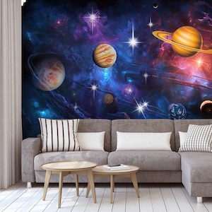 Space WallPaper, Large Galaxy And Planets Wall Mural, Custom Wallcovering, Outer Space Wall Art, Universe Wall Decor