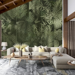 Jungle Tree Misty forest peel and stick removable wallpaper, Dark Forest and Green Leaves Peel and Stick, Self Adhesive temporary wallpaper
