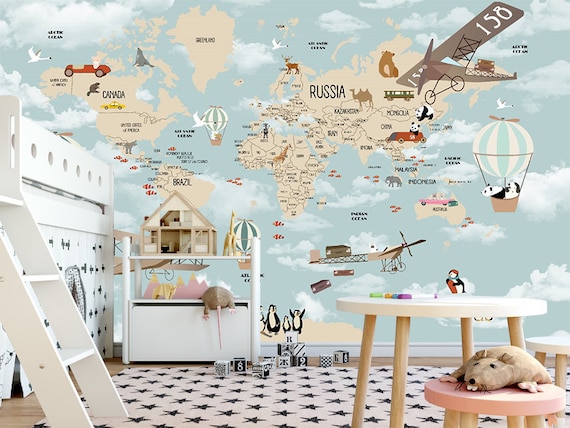 Blue Nursery Brown World Map Mural Kids Room Wallpaper Nursery Removable Wallpapers 3d Wall Print Hot Air Balloon Print Baby Boy Nursery Art