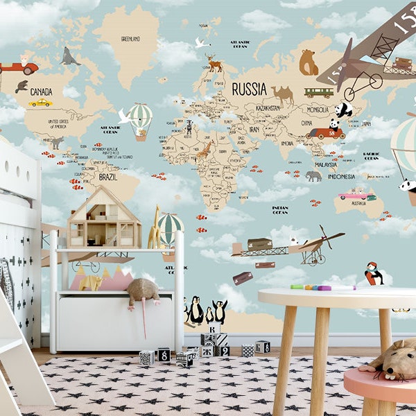 Blue Nursery Brown World Map Mural Kids Room Wallpaper Nursery Removable Wallpapers 3d Wall Print Hot Air Balloon Print Baby Boy Nursery Art