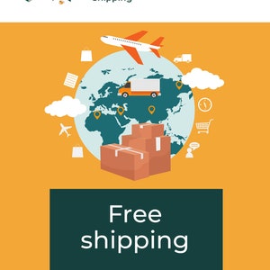 May include: Illustration of a globe with a delivery truck, boxes, and an airplane, surrounded by shipping icons. The text "Free shipping" is displayed on a green rectangle.