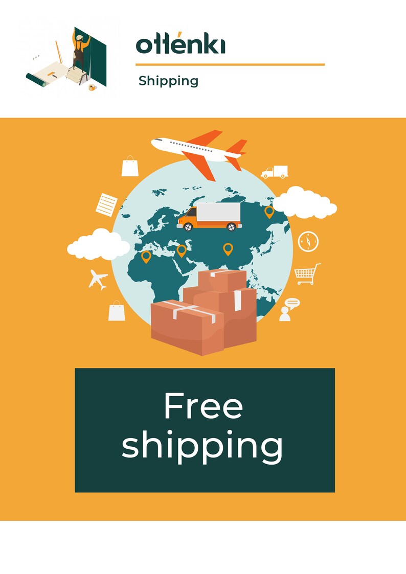May include: Illustration of a globe with a delivery truck, boxes, and an airplane, surrounded by shipping icons. The text "Free shipping" is displayed on a green rectangle.