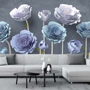 Blue Flowers Floral Wallpaper Wall Mural, Bedroom Living Room Wall Mural, Wall Decor Abstract Blue Gray Art Feather Wallpaper