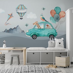Custom 3d wallpaper cartoon hot air balloon airplane animal kids room background mural wallpaper for walls 3 d