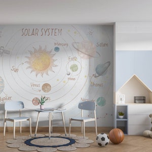 Carta da parati del sistema solare Carta da parati rimovibile Sole Spazio Stelle Pianeti Murale Spazio Carta da parati per bambiniFoto Camera dei bambini Poster Carta da parati dei cartoni animati