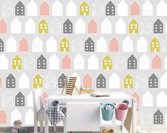 Scandinavian minimalistic pattern with cute houses for the nursery, Vinyl wallpaper, Doodled Houses Wallcovering, Kids Room/Playroom mural