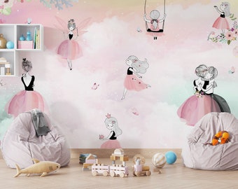 Wallpaper for girls, Pink wallpaper for kids room, Wallpaper for play room, Princess wallpaper, Pastel wallpaper, Watercolor wallpaper