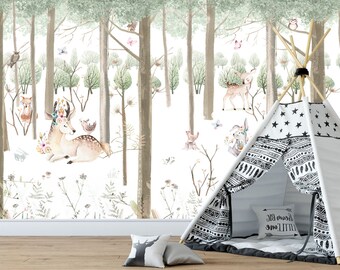 Beautiful Fairy Forest Wallpaper, Fairytale Forest Wall Mural, Dreamy Wall Art, Cute Deer Wallcovering, Kids Wallpaper, Nursery Decor