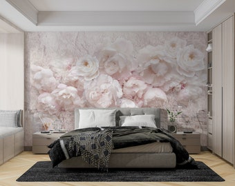 Beautiful Vinyl Wallpaper With White Peony Flowers, Light Floral Mural, Botanical Wallpaper, Large Floral Print, Big Flowers Wallcovering