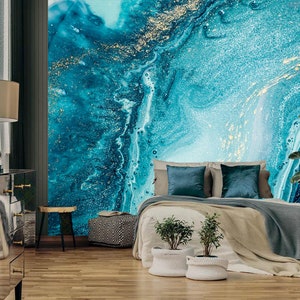 Carta da parati fluida, Pittura astratta blu e ciano, Rivestimento murale in marmo, Carta da parati d'arte moderna, Decorazione murale in resina, Murale in vinile