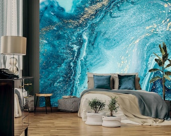 Fluid Art Wallpaper, Blue and Cyan Abstract Painting, Marble Wallcovering, Modern Art Wallpaper, Resin Art Wall Decoration, Vinyl Wall Mural