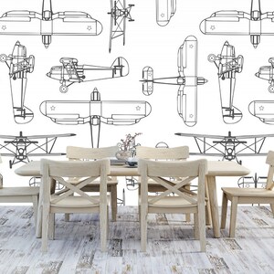Kids Room Wallpaper, Wallpaper With Airplanes, White Wall Mural, Old Plane Drawing, Biplane Wall Paper, Plane Pattern Wallcovering