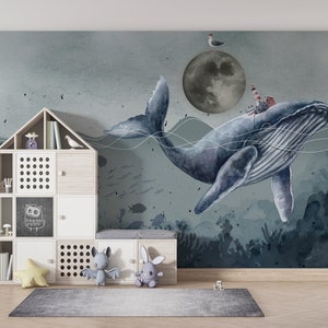 Ozean Leben Tapete, Wal Wandkunst, Pastell Tönung Tapete, Spielzimmer Wanddekor, Kinder Tapete