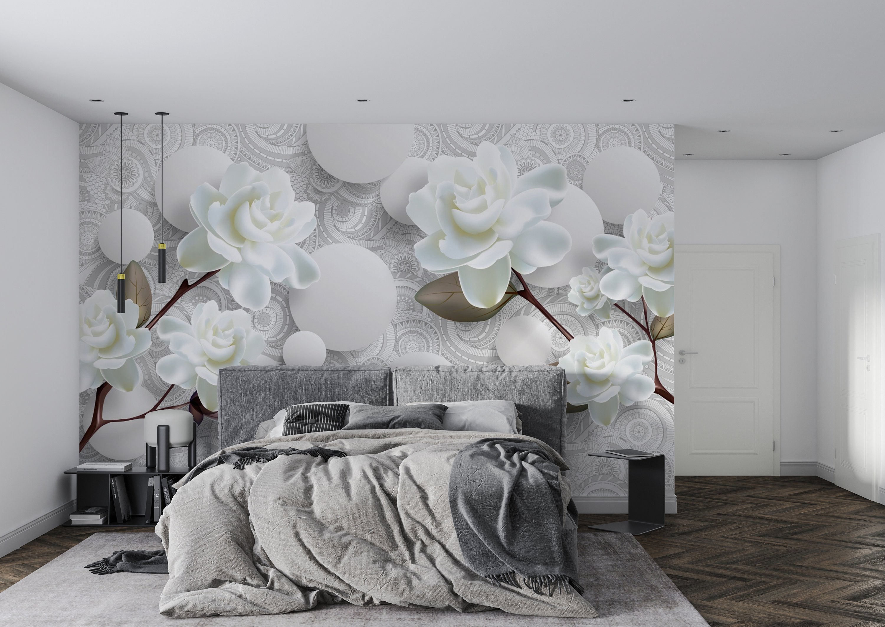 3d White Flowers Wallpapers Large Wall Mural for Bed Room