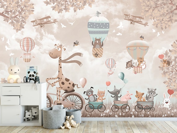 Cute Animals Bicycles Balloons And Planes Kids Wallpaper | Etsy