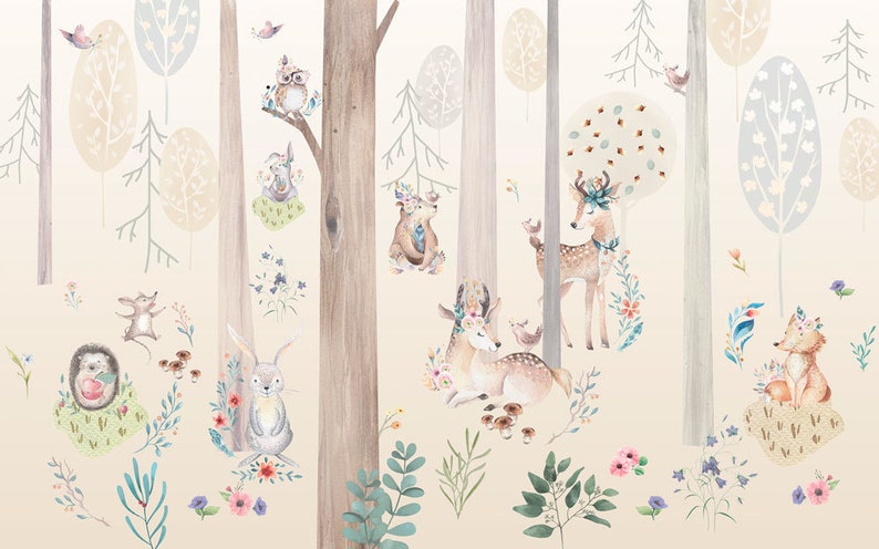 Puede incluir: Una ilustraci&oacute;n de acuarela de una escena de bosque caprichosa con varios animales del bosque, incluyendo un ciervo, un zorro, un conejo, un oso y un erizo. Los animales est&aacute;n rodeados de &aacute;rboles, flores y hojas, creando una atm&oacute;sfera encantadora y m&aacute;gica.