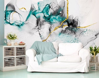Fluid Art Wallpaper, Turquoise And Gray Abstract Painting, Marble Wallcovering, Modern Art Wall paper, Alcohol Ink Wall Decor, Vinyl Mural