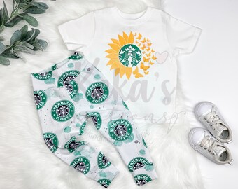 Coffee brand set; baby leggings and personalized tee; toddler leggings; boys and girls pants