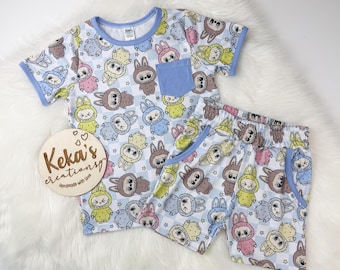 Whimsical creature/ Labubu Pocket Tee + Shorts Set | Handmade Kids Outfit