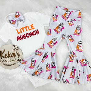 coffee/ donuts brand inspired Bell bottoms and top set; Mommy's little Munchkin;
