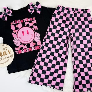 Little Miss Threenager set; Black and Pink checkered Wide Pants/Skirted Bummies