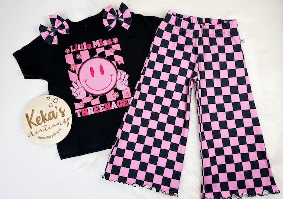Little Miss Threenager set; Black and Pink checkered Wide Pants/Skirted Bummies