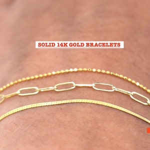 SOLID 14K GOLD Dainty Bracelets, Herringbone 1.25mm, Ball Bead Bracelet 1mm, Paperclip 2mm, Genuine 14K Gold Stackable Bracelets