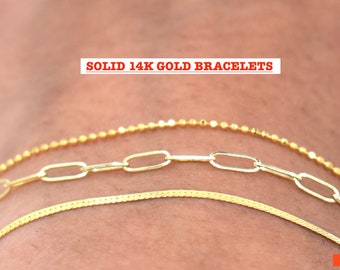 SOLID 14K GOLD Dainty Bracelets, Herringbone 1.25mm, Ball Bead Bracelet 1mm, Paperclip 2mm, Genuine 14K Gold Stackable Bracelets