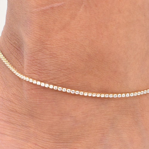 Solid 14K Gold Tennis Anklet Ladies Gold Anklet 14kt Gold Etsy