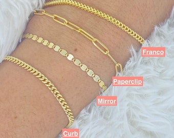 Bracelet pour femme en or massif 14 carats 3 mm, bracelet trombone 14 carats, bracelets en or empilables, bracelet gourmette, bracelet franco, bracelets tendance,