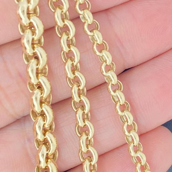 Catena a maglie rolò italiane in oro massiccio 14K da 4 mm, 5,5 mm, 7 mm, catena in oro da donna, vera catena in oro 14K, catena a maglie rotonde per ciondolo