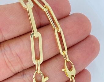 Collar y pulsera con clip grueso de oro amarillo italiano auténtico de 14 quilates. Collar de eslabones alargados, collar de oro de tendencia