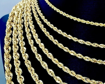 Solid 10K Gold Rope Chain Necklace/Bracelet, 10K Gold Rope Chain, 1.5mm-4.5mm, 7''- 8", 16''-30'', Men, Woman