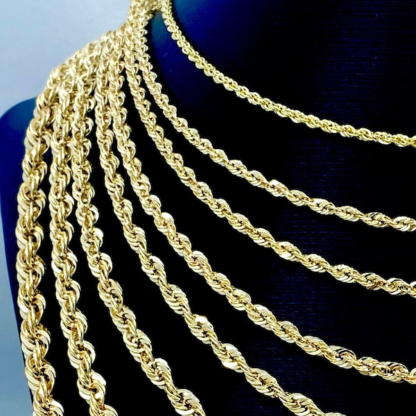 Solid 10K Gold Rope Chain Necklace/Bracelet, 10K Gold Rope Chain, 1.5mm-4.5mm, 7''- 8", 16''-30'', Men, Woman