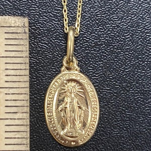 Solid 14k Gold Miraculous Mary Charm Pendant Necklace, 14kt Italy Mary Pendant Cable Rolo Necklace Set