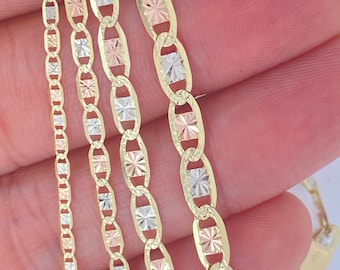Solid 10K Tri-Tone Gold Valentino Diamond Cut Chain Bracelet,  Tri-Tone Gold Necklace, Ladies GoldChain, 10K White Rose Yellow Gold Chain