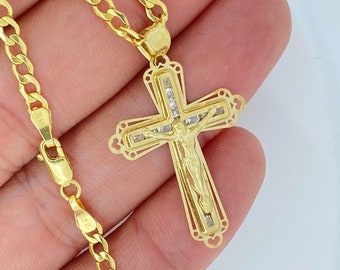 Solid 10K Gold Cross Necklace, Gold Cross Pendant, 10K Gold Cross Curb Chain Necklace, Cross and 10K Gold 3mm Curb Chain, 10K Gold Cross