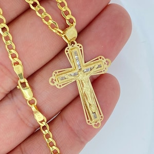 Massive 10K Gold Kreuz Kette, Gold Kreuzanhänger, 10K Gold Kreuz Panzerkette Kette, Kreuz und 10K Gold 3 mm Panzerkette, 10K Gold Kreuz