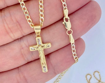 Solid 10K Gold Cross Necklace, Gold Cross Pendant, Real Gold Cross Necklace, Cross and 10K Gold Curb Chain, 10K Gold Cross Chain