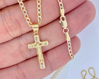 Solid 10K Gold Cross Necklace, Gold Cross Pendant, Real Gold Cross Necklace, Cross and 10K Gold Curb Chain, 10K Gold Cross Chain