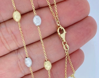 Solid 14K Double Layer Coffee Bean Necklace, Two-Tone Yellow Gold White Gold Necklace, Made in Italy, Genuine 14K gold, Double Layer Chain