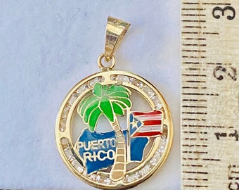 14K Solid Yellow Gold  Puerto Rico Gold Charm Pendant with Souvenir Beach Ocean Palm-tree in Enamel, 14K Gold Puerto Rico Charm