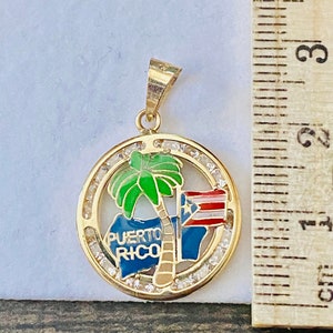 10K Solid Yellow Gold  Puerto Rico Gold Charm Pendant with Souvenir Beach Ocean Palm-tree in Enamel