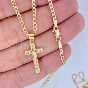 Solid 10K Gold Cross Necklace, Gold Cross Pendant, Real Gold Cross Necklace, Cross and 10K Gold Curb Chain, 10K Gold Cross Chain