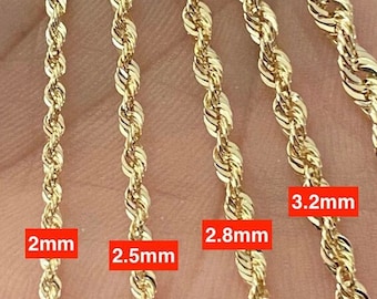 Cadena de cuerda de oro sólido de 10K Collar de cuerda de oro 1.5mm 2mm 3mm 16in 18inch 20", Cadena de cuerda de oro de 10K, Cadena de cuerda de 10K, Corte de diamante, Hombres, Mujer