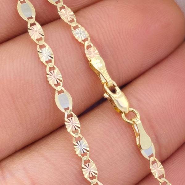 Solid 14K Tri-Color Tri-Tone Valentino Star Necklace, Ladies Tri Color Gold Chain, Diamond Cut 14K White Rose Yellow Gold Chain